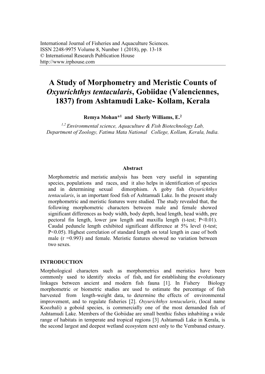 A Study of Morphometry and Meristic Counts of Oxyurichthys Tentacularis, Gobiidae (Valenciennes, 1837) from Ashtamudi Lake- Kollam, Kerala