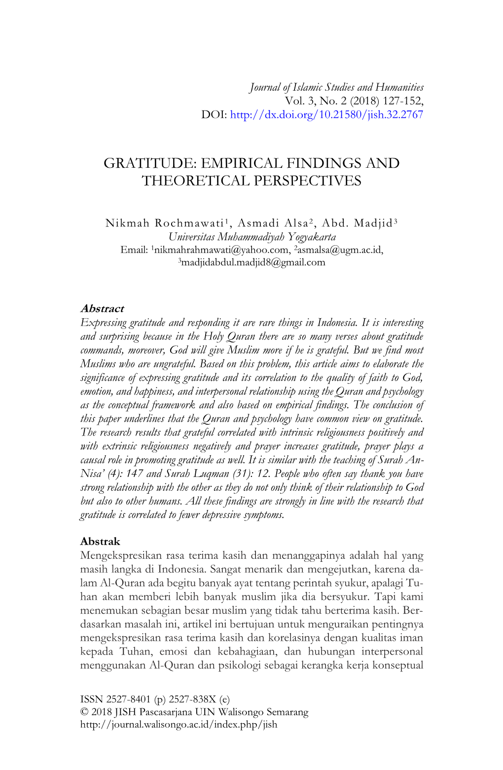 Gratitude: Empirical Findings and Theoretical Perspectives