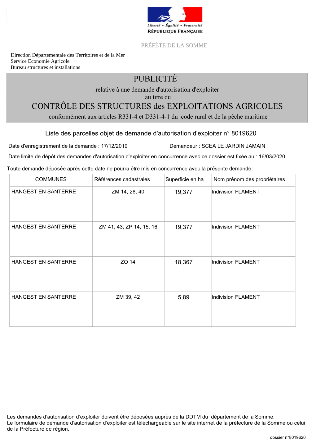 PUBLICITÉ CONTRÔLE DES STRUCTURES Des EXPLOITATIONS AGRICOLES