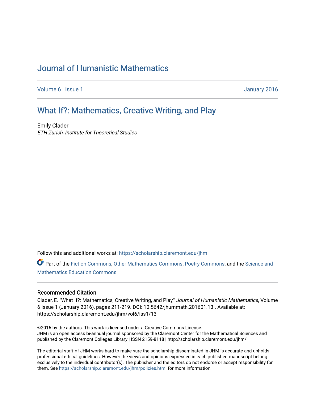 Mathematics, Creative Writing, and Play