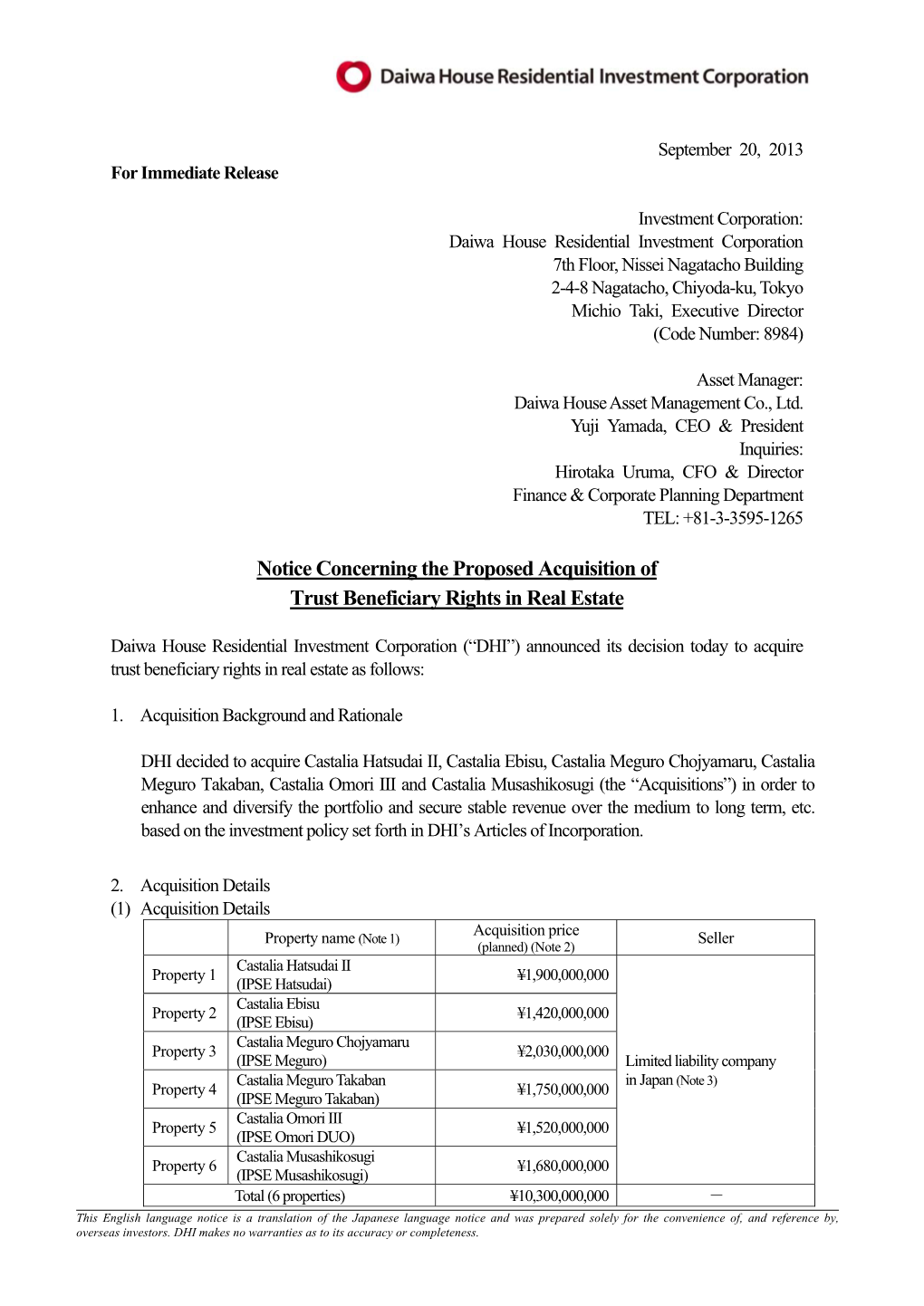 Notice Concerning the Proposed Acquisition of Trust Beneficiary Rights in Real Estate