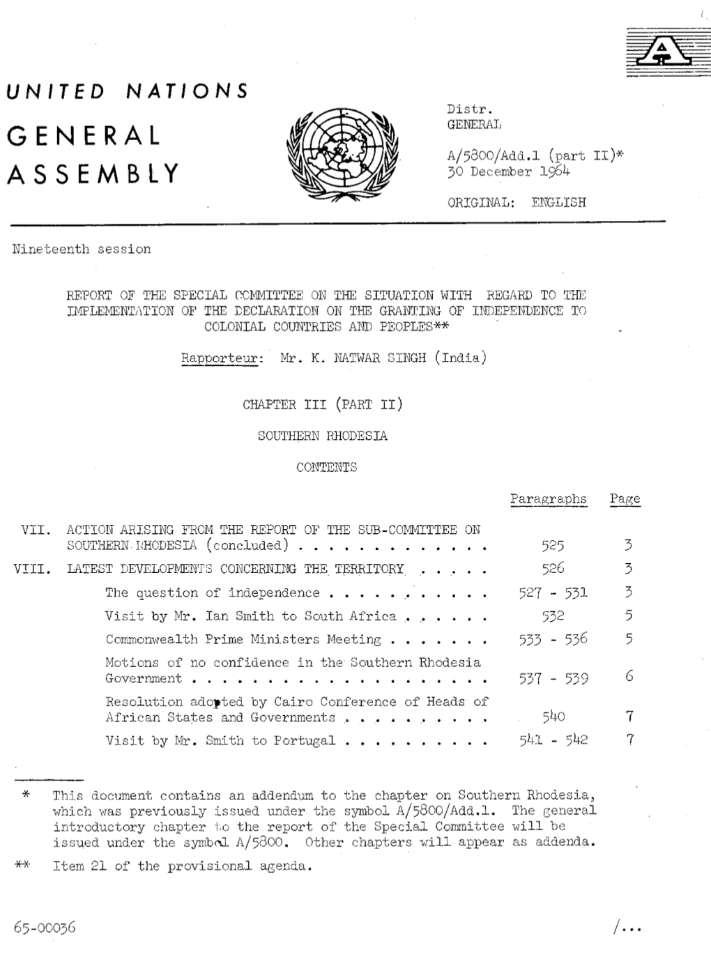 General Assembly, Covering Its Consideration of Southern Rhodesia up to That Date (A/58QO/Add.L)