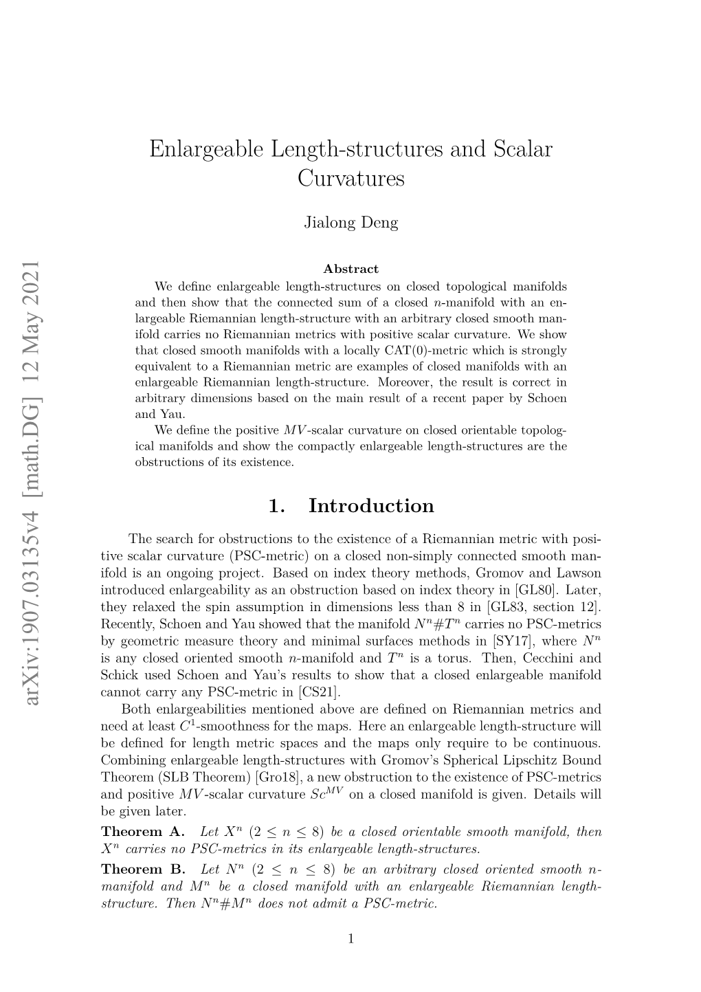 Arxiv:1907.03135V4 [Math.DG] 12 May 2021 Enlargeable Length