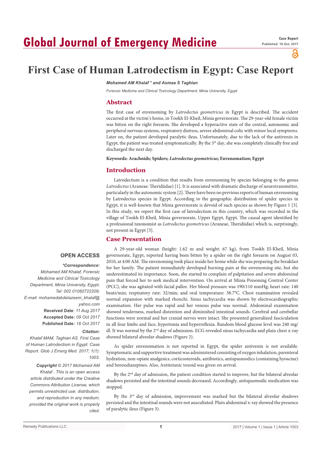 First Case of Human Latrodectism in Egypt: Case Report