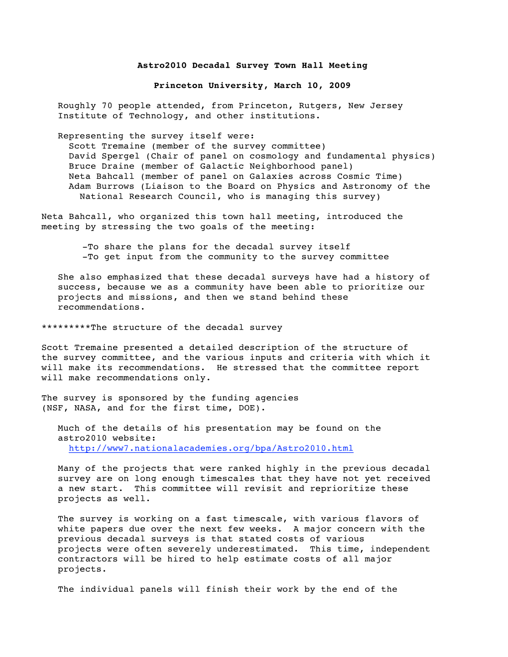 Astro2010 Decadal Survey Town Hall Meeting