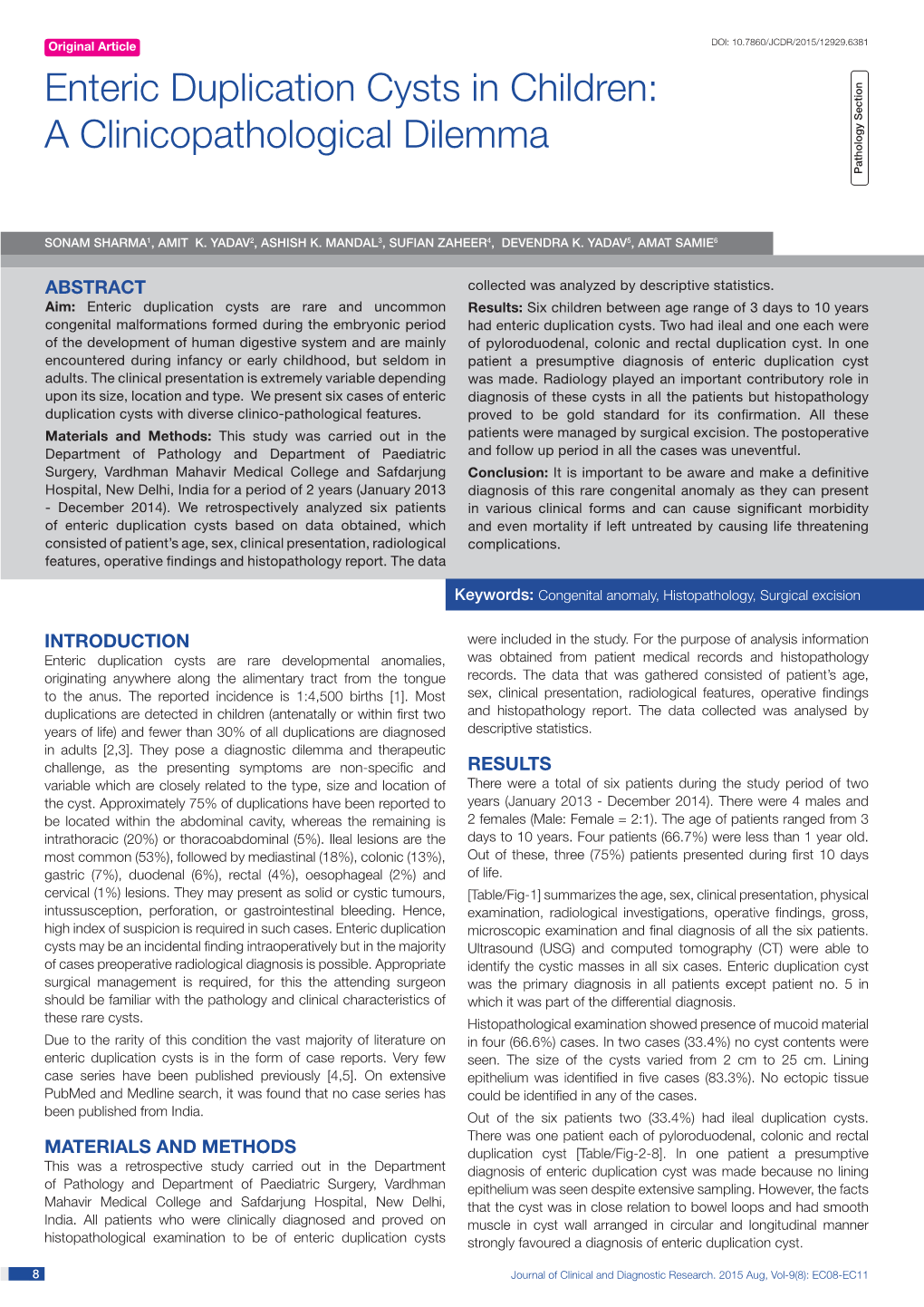 Enteric Duplication Cysts in Children: a Clinicopathological Dilemma Pathology Section