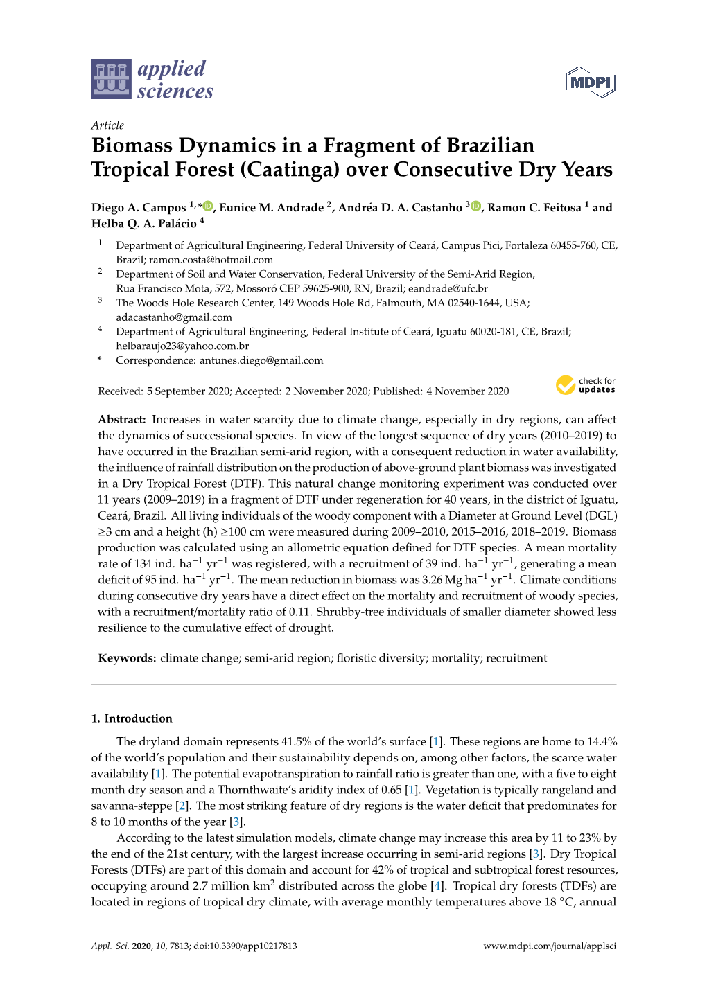 Biomass Dynamics in a Fragment of Brazilian Tropical Forest (Caatinga) Over Consecutive Dry Years