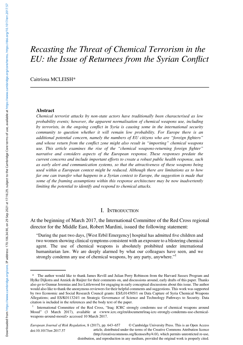 Recasting the Threat of Chemical Terrorism in the EU: the Issue of Returnees from the Syrian Conflict