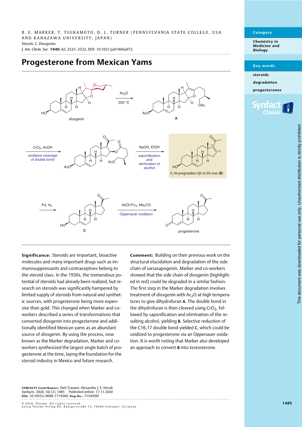 Progesterone from Mexican Yams Key Words