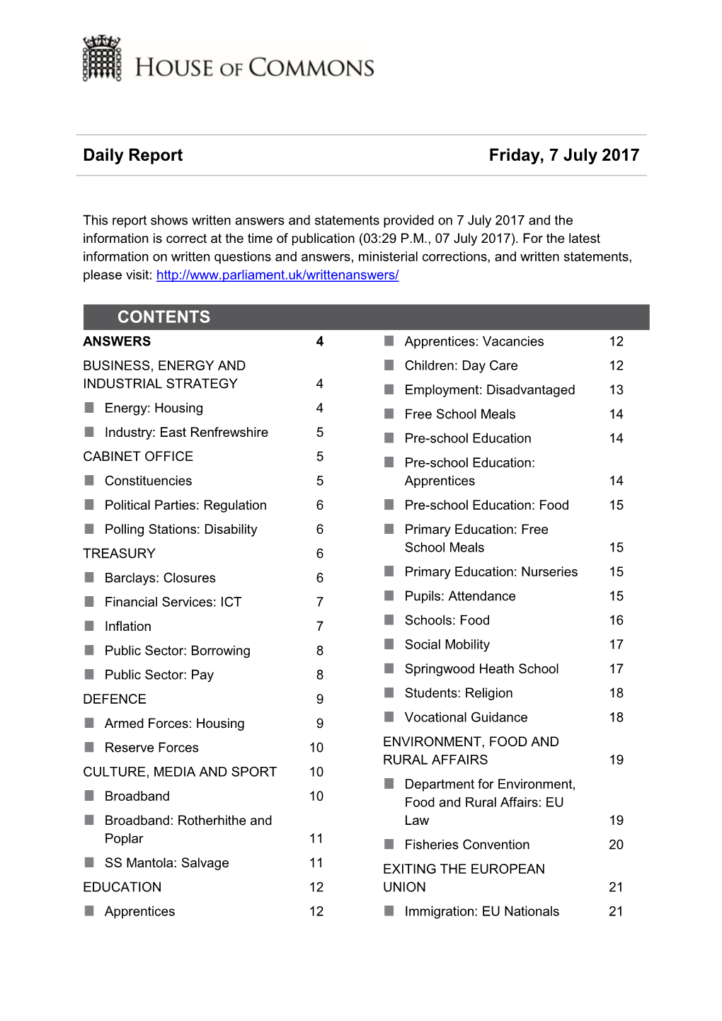 Daily Report Friday, 7 July 2017 CONTENTS