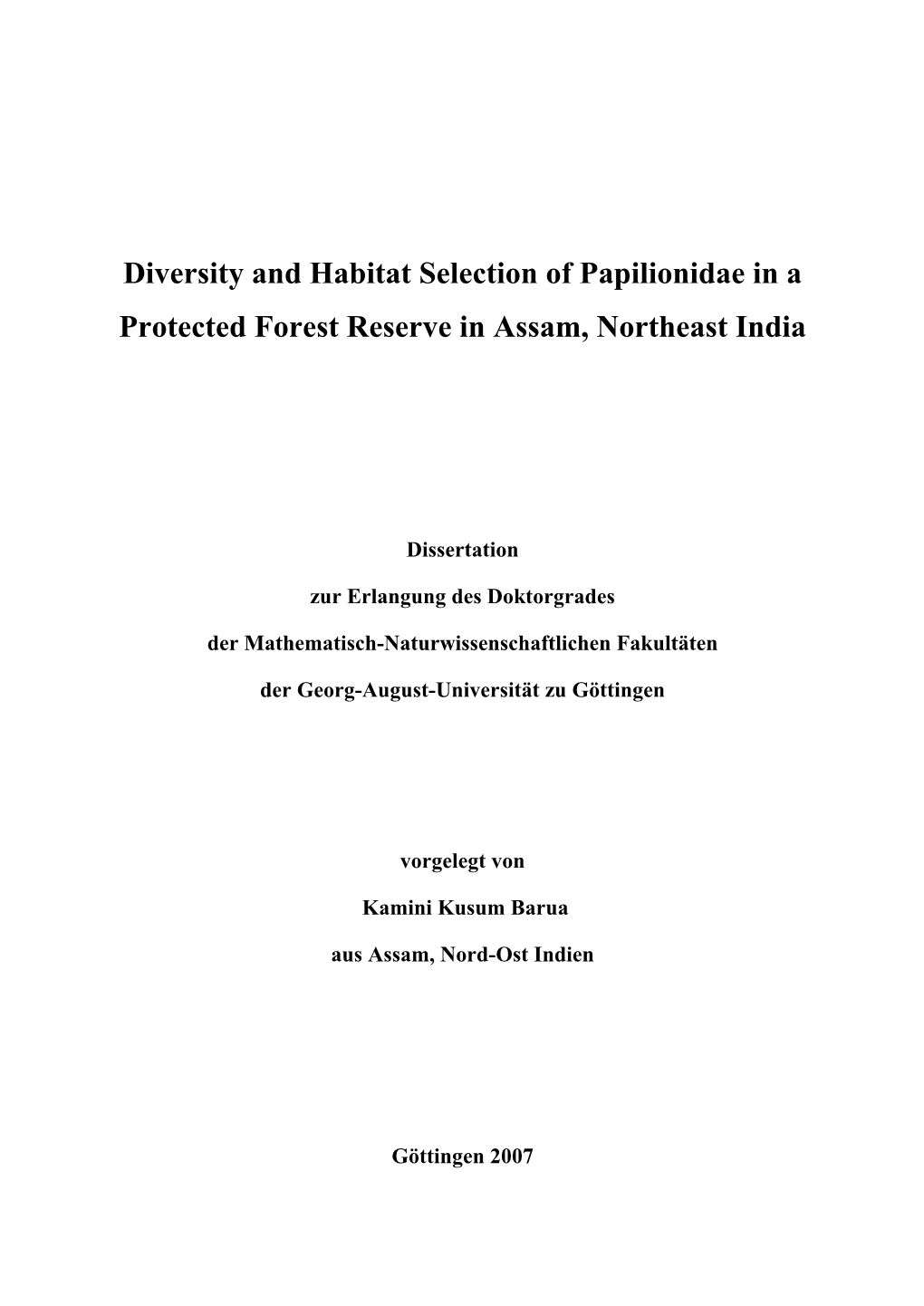 Diversity and Habitat Selection of Papilionidae in a Protected Forest Reserve in Assam, Northeast India