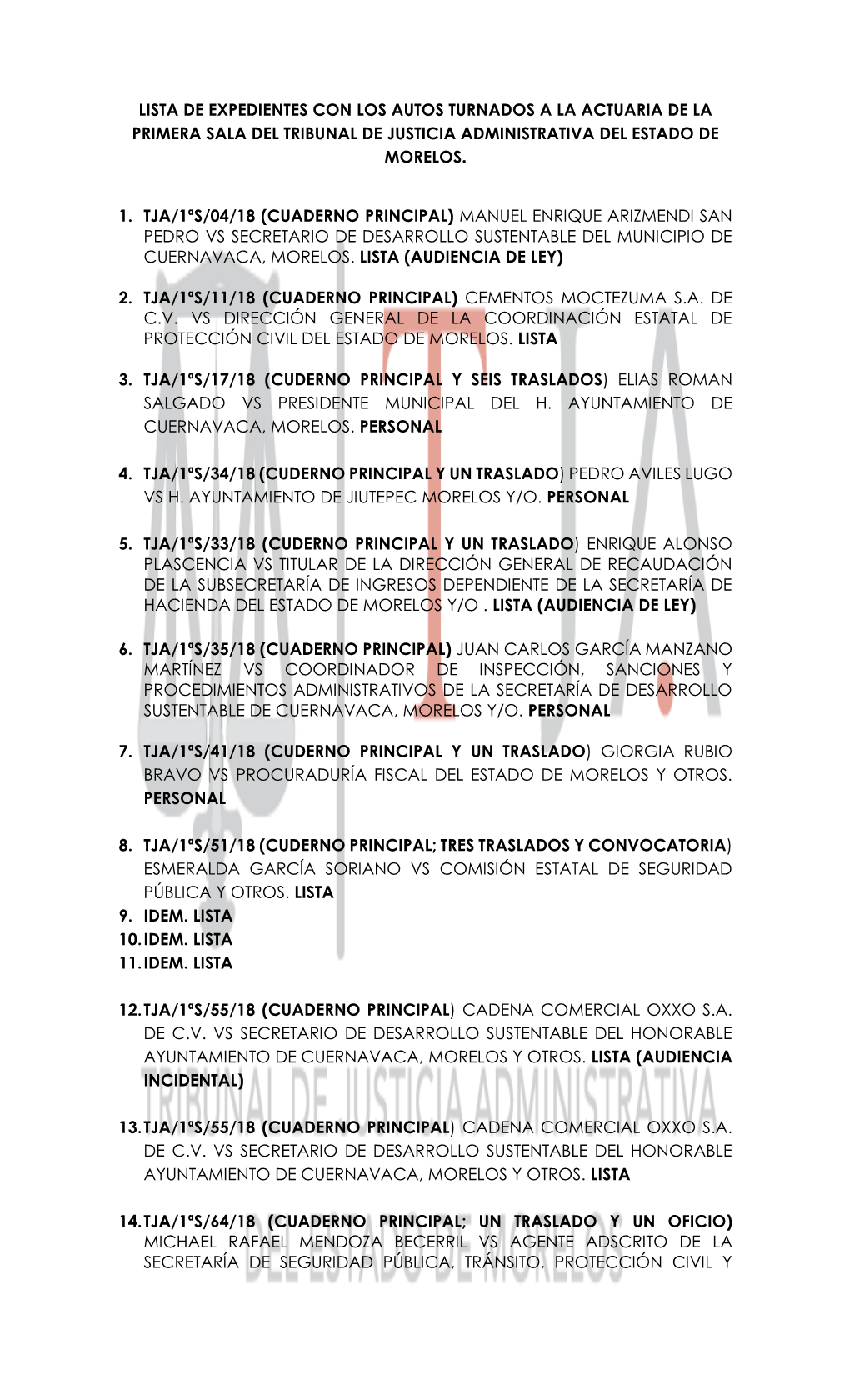 Lista De Expedientes Con Los Autos Turnados a La Actuaria De La Primera Sala Del Tribunal De Justicia Administrativa Del Estado De Morelos