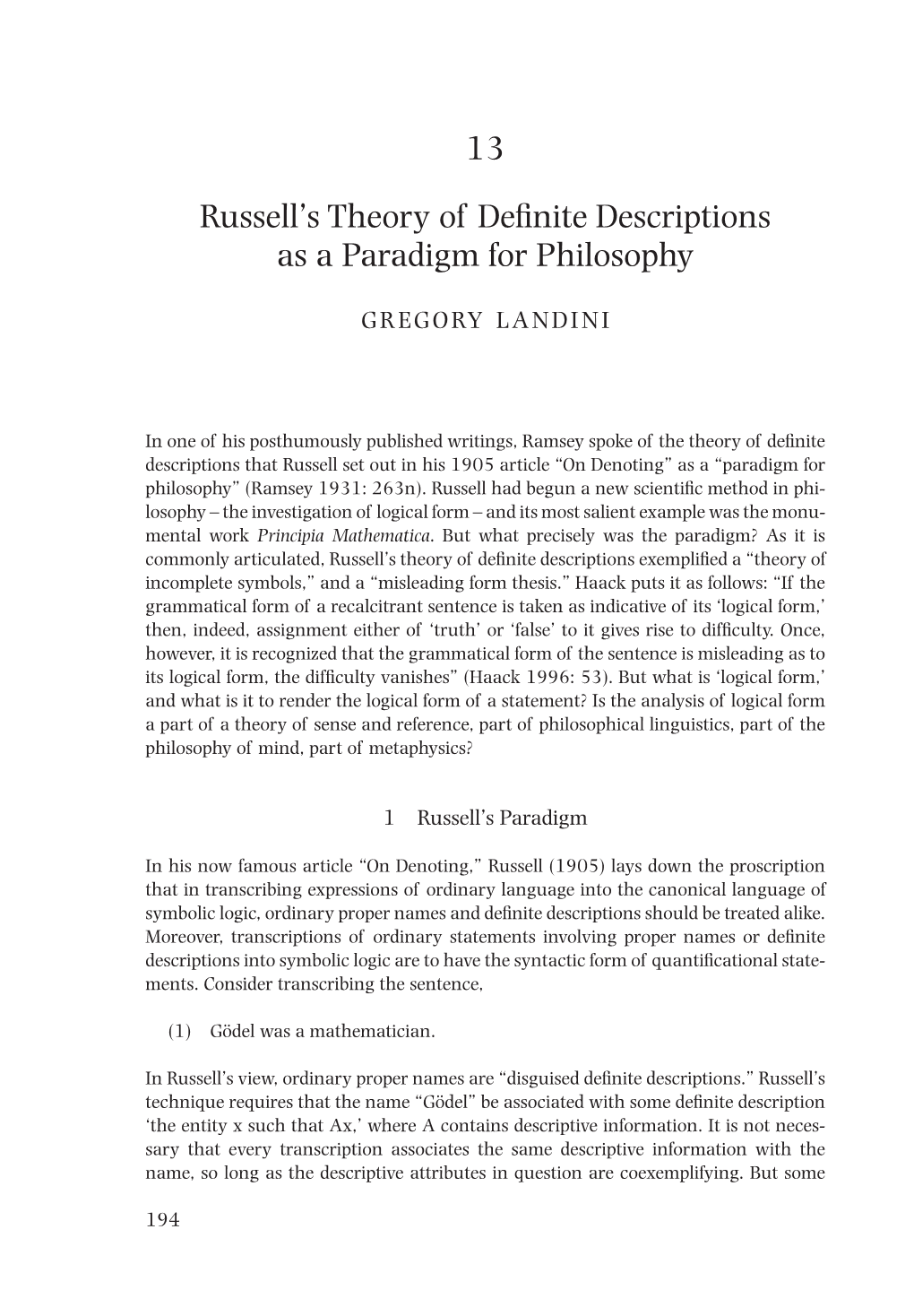 13 Russell's Theory of Definite Descriptions As a Paradigm for Philosophy