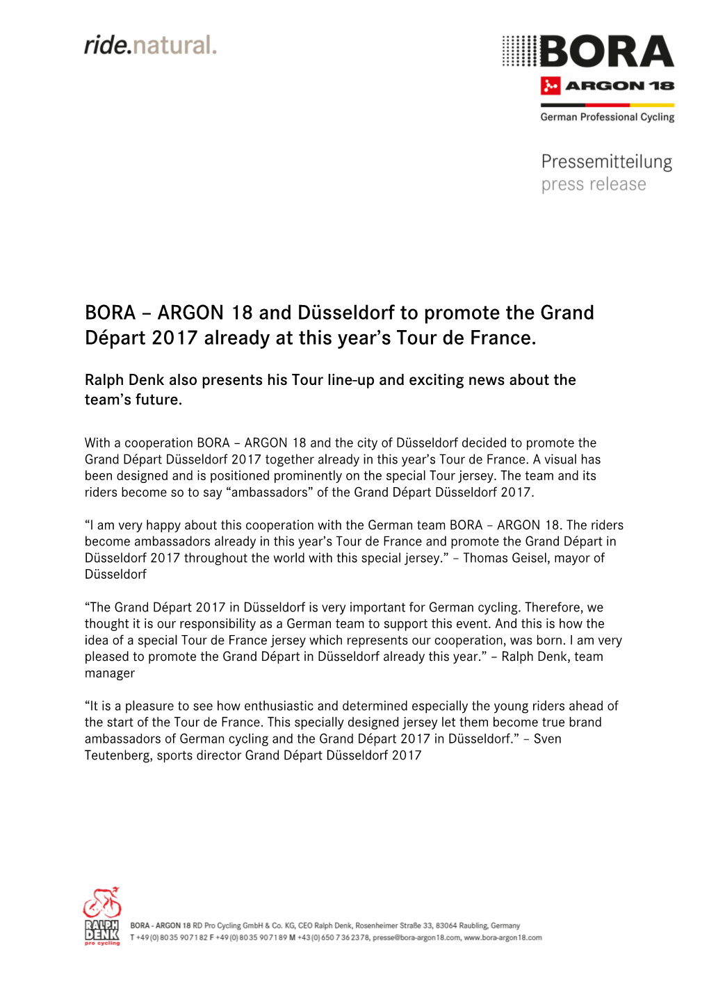 BORA – ARGON 18 and Düsseldorf to Promote the Grand Départ 2017 Already at This Year's Tour De France