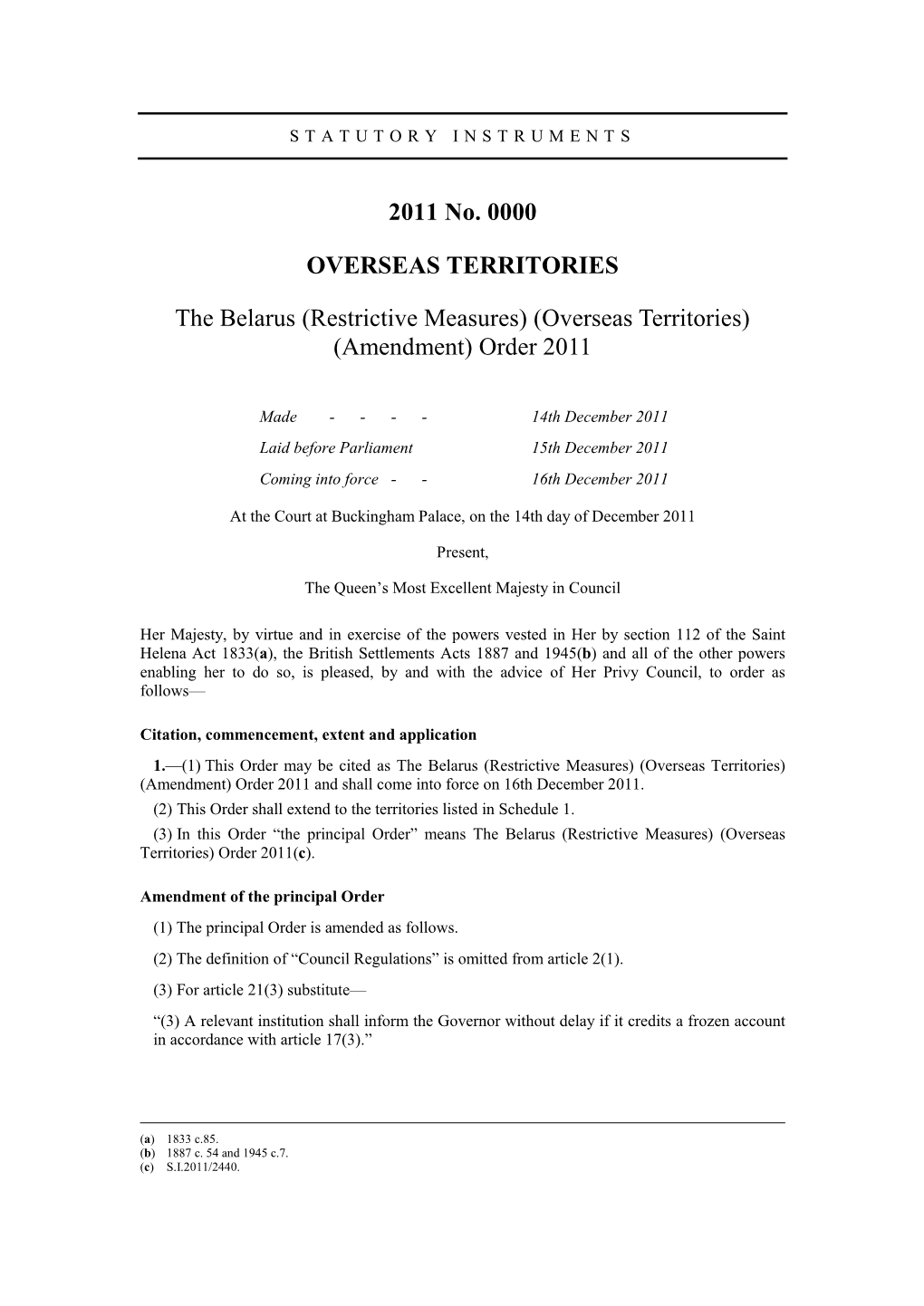 (Restrictive Measures) (Overseas Territories) (Amendment) Order 2011