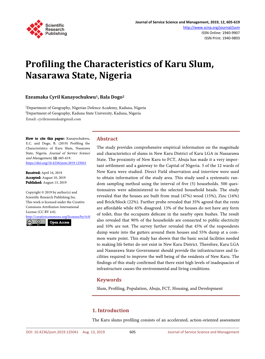 Profiling the Characteristics of Karu Slum, Nasarawa State, Nigeria