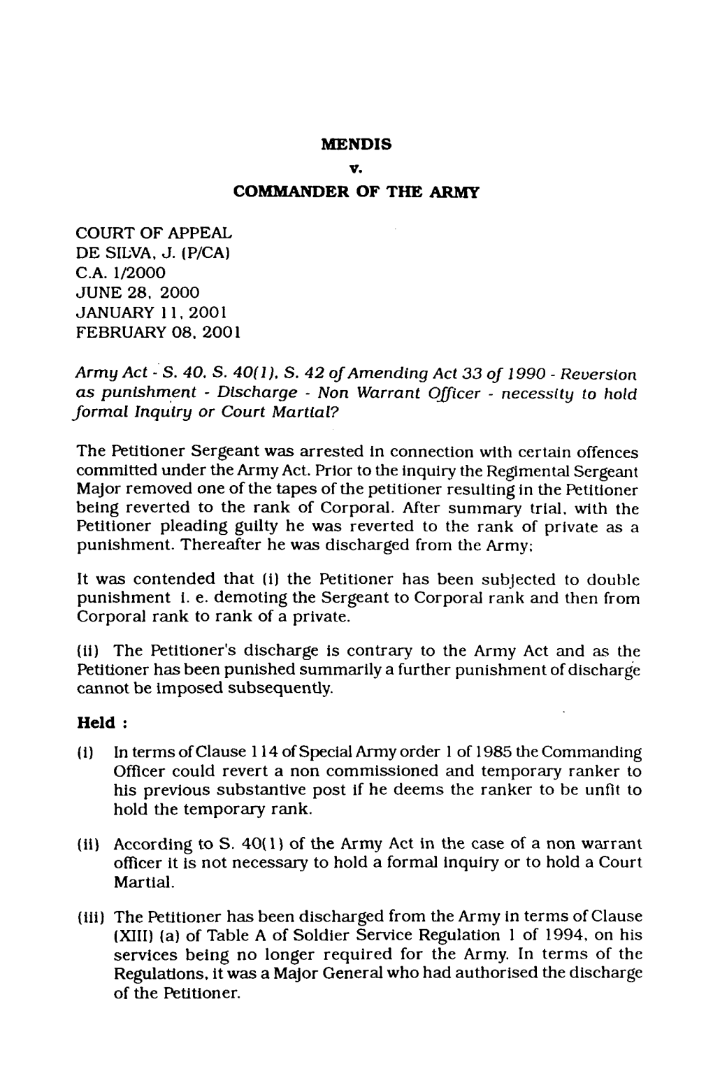 MENDIS V. COMMANDER of the ARMY COURT of APPEAL DE
