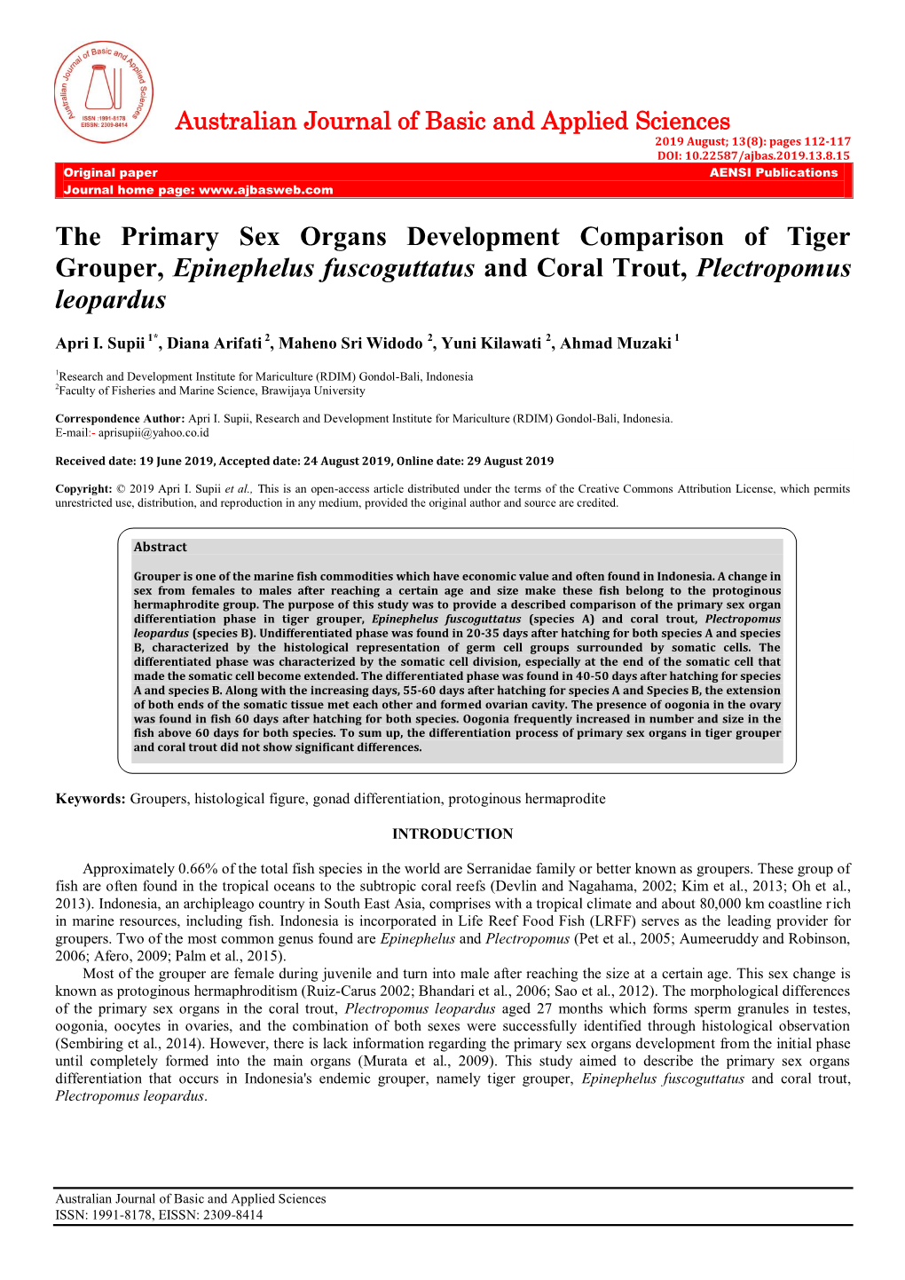 The Primary Sex Organs Development Comparison of Tiger Grouper, Epinephelus Fuscoguttatus and Coral Trout, Plectropomus Leopardus