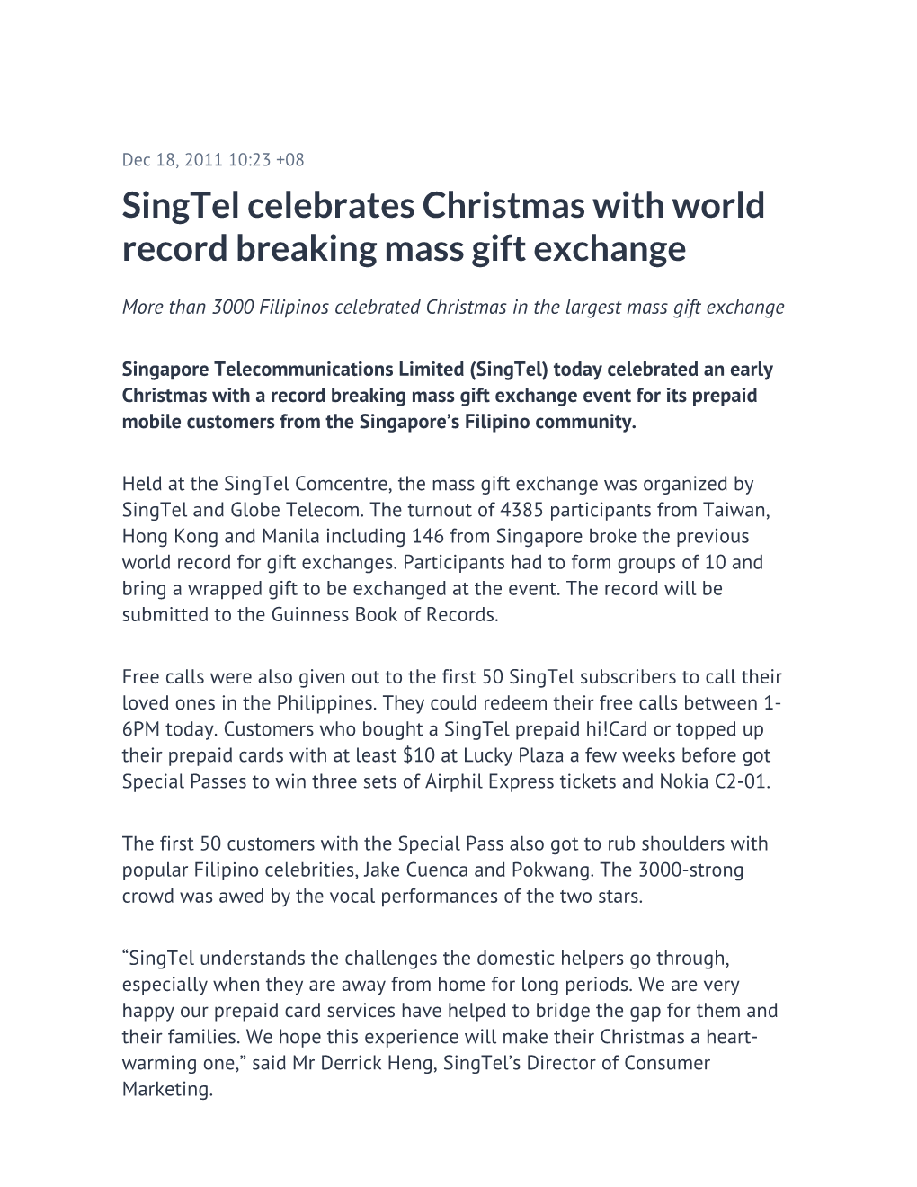 Singtel Celebrates Christmas with World Record Breaking Mass Gift Exchange
