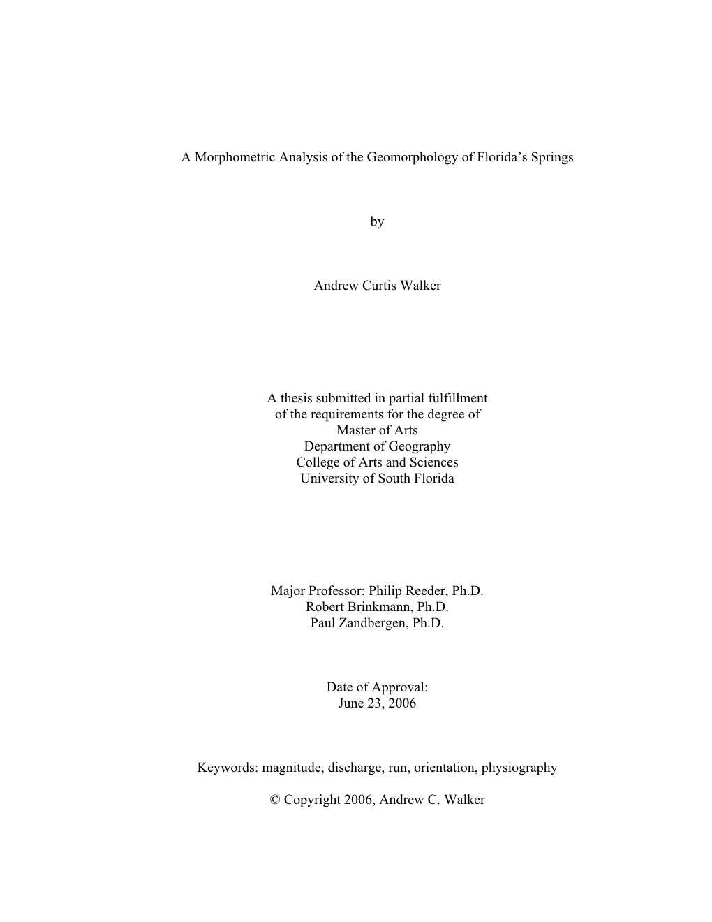 A Morphometric Analysis of the Geomorphology of Florida's Springs