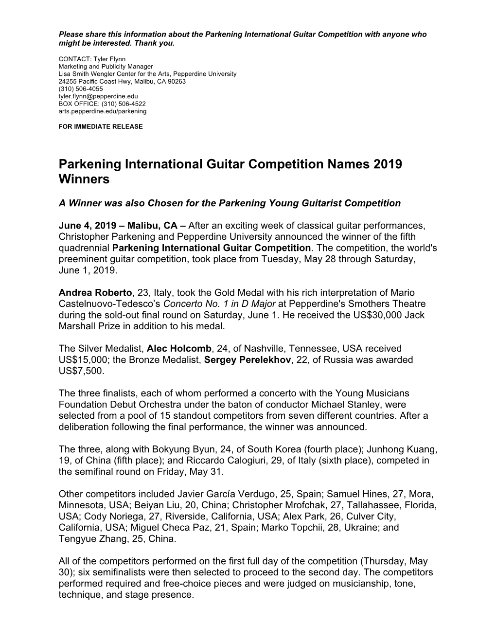 Parkening International Guitar Competition Names 2019 Winners