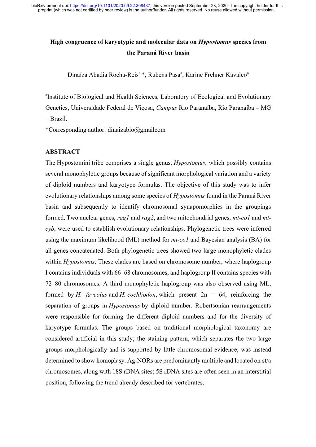 High Congruence of Karyotypic and Molecular Data on Hypostomus Species from the Paraná River Basin