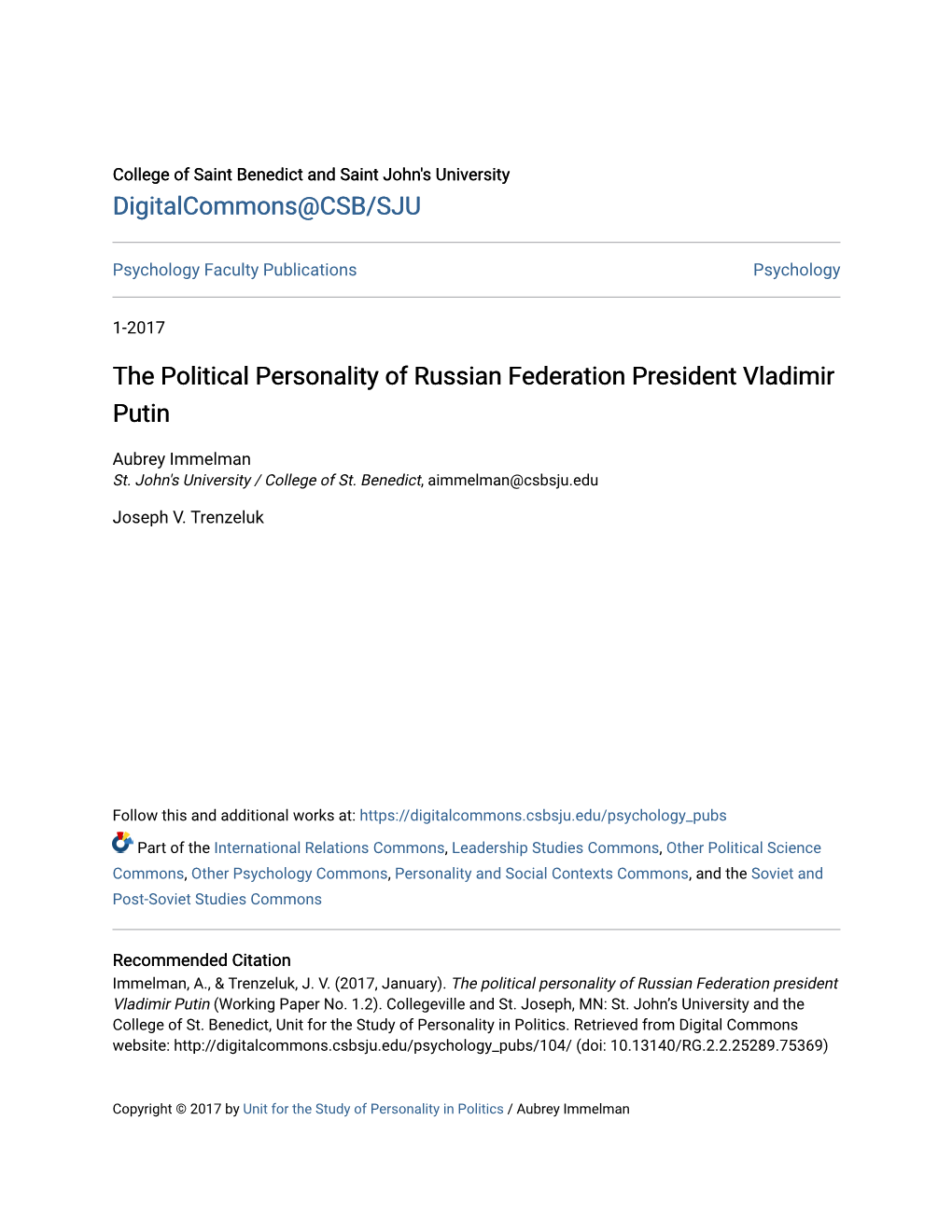 The Political Personality of Russian Federation President Vladimir Putin