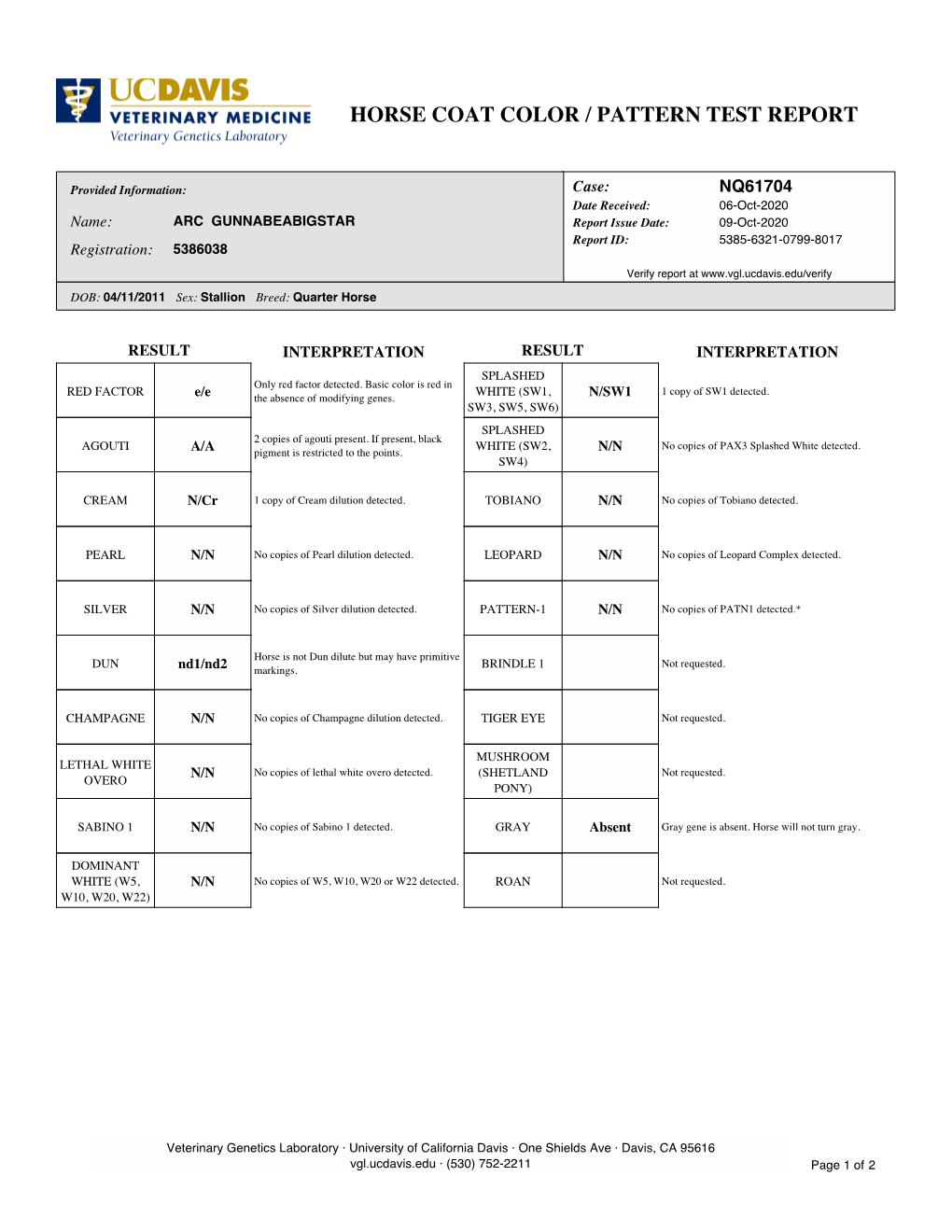 Horse Coat Color / Pattern Test Report