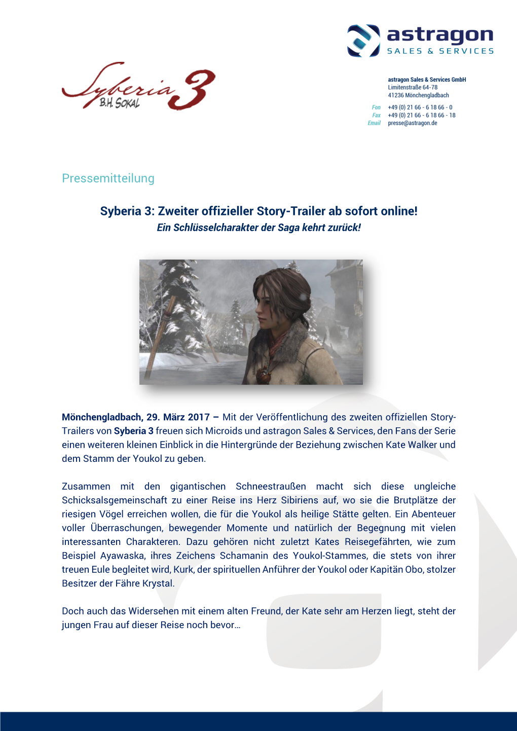 Pressemitteilung Syberia 3: Zweiter Offizieller Story-Trailer Ab Sofort
