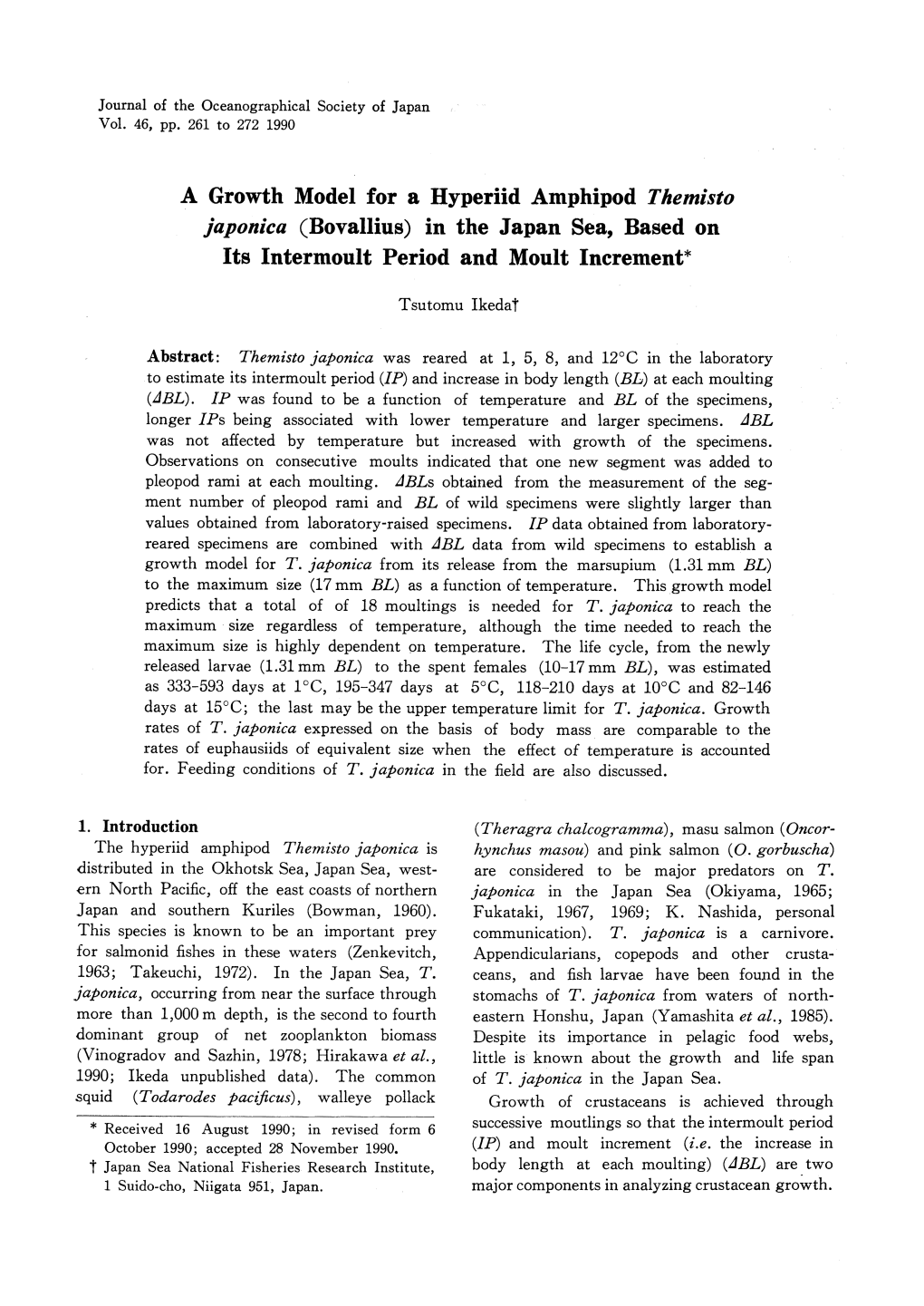 A Growth Model for a Hyperiid Amphipod Themisto Japonica (Bovallius) in the Japan Sea, Based on Its Intermoult Period and Moult Increment*