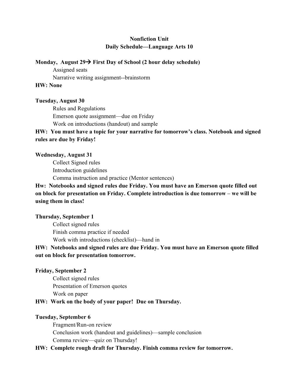 Daily Schedule Language Arts 10