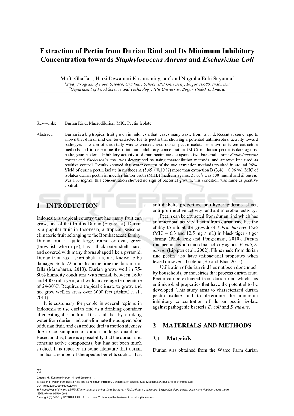 Extraction of Pectin from Durian Rind and Its Minimum Inhibitory