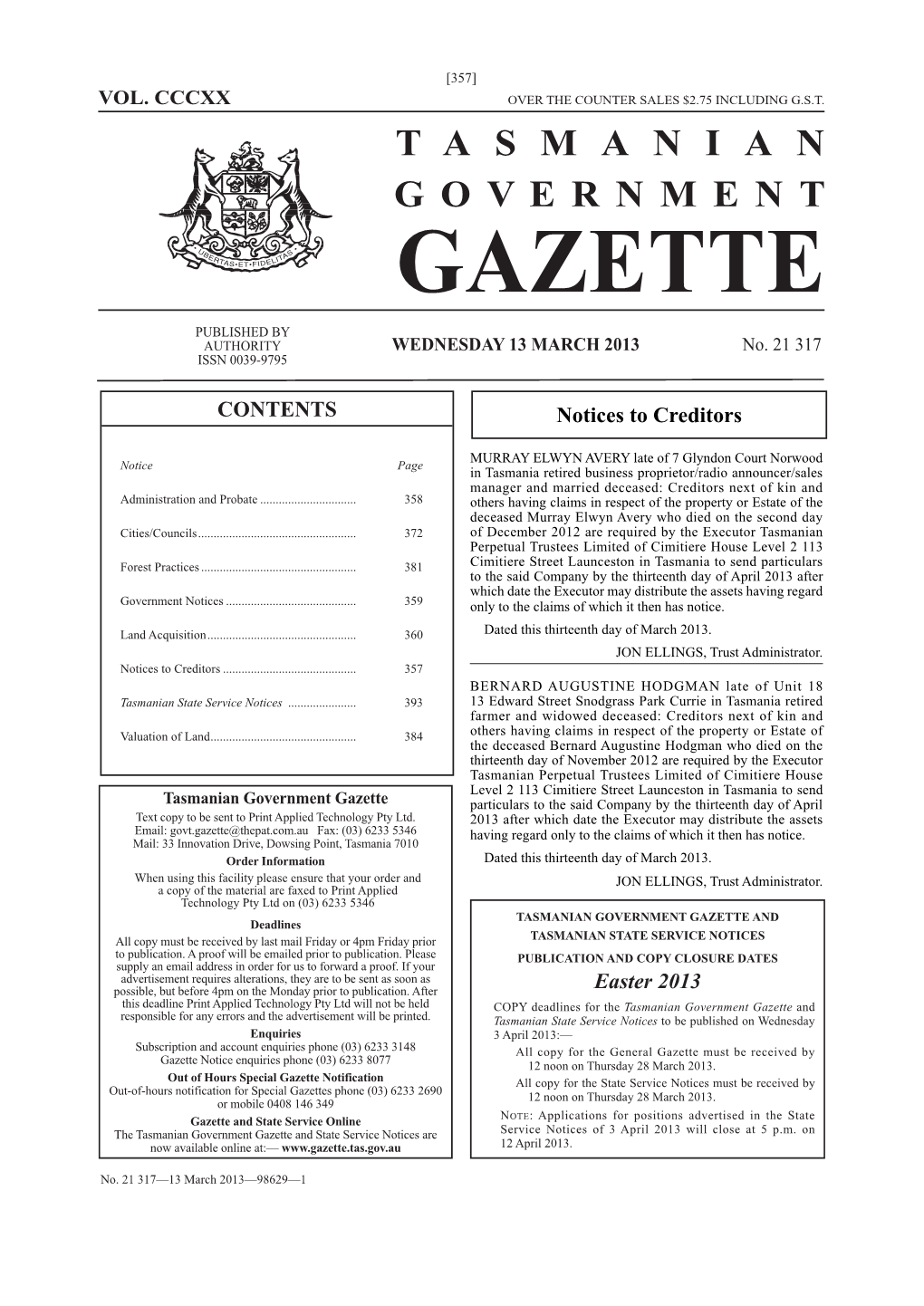 GAZETTE PUBLISHED by AUTHORITY WEDNESDAY 13 MARCH 2013 No