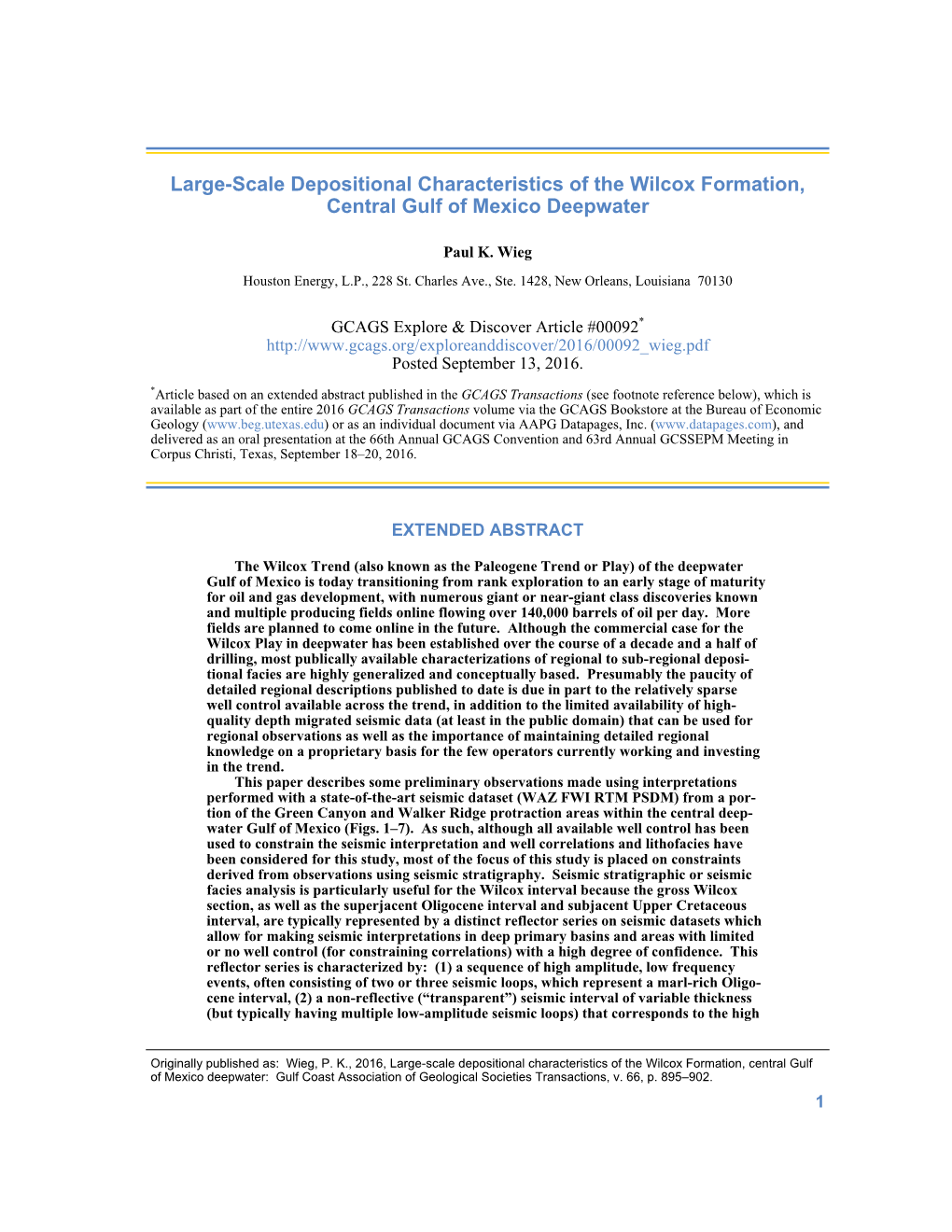 Large-Scale Depositional Characteristics of the Wilcox Formation, Central Gulf of Mexico Deepwater