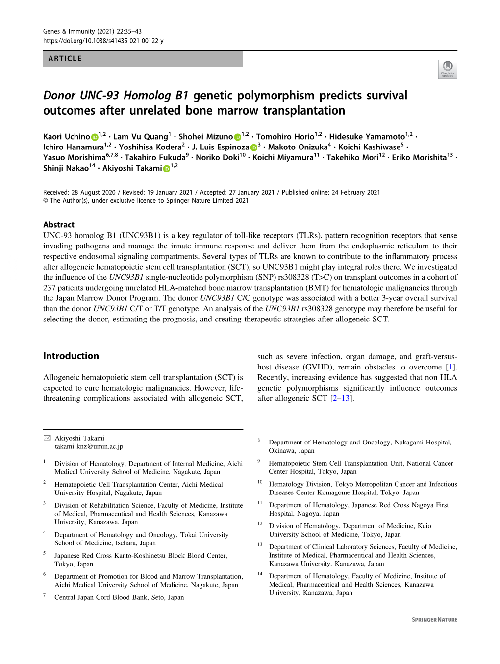 Donor UNC-93 Homolog B1 Genetic Polymorphism Predicts Survival Outcomes After Unrelated Bone Marrow Transplantation