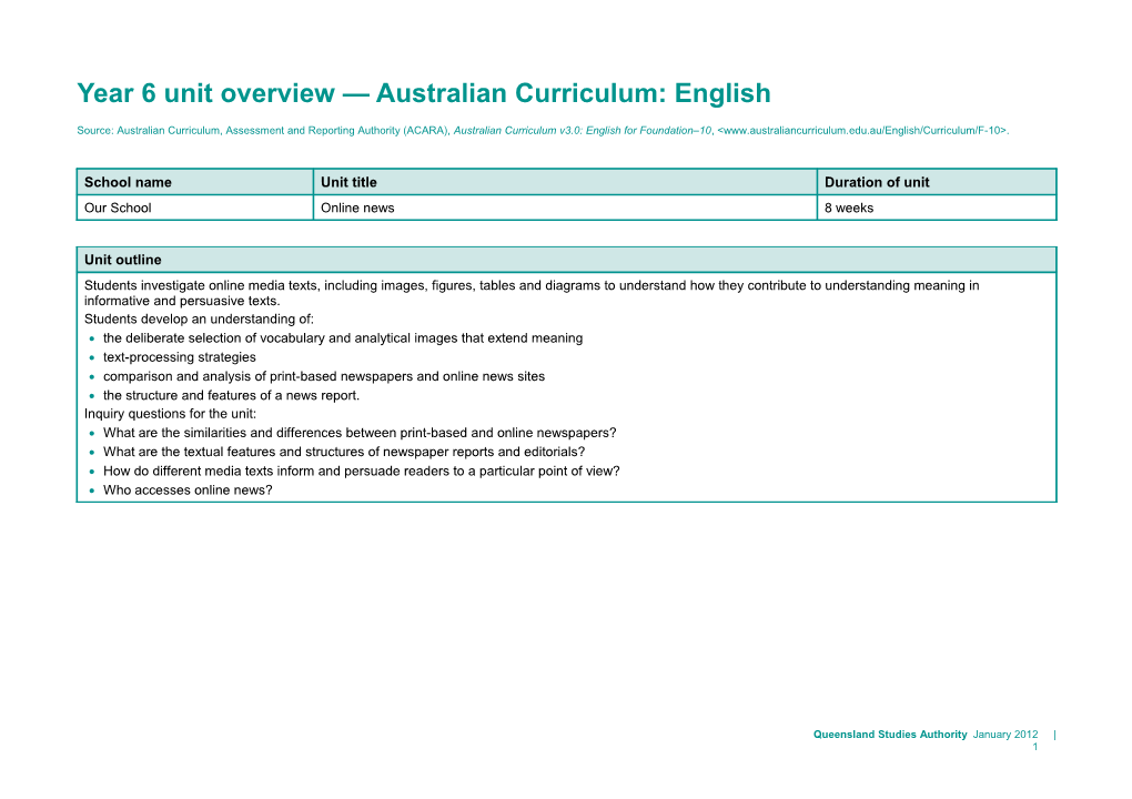 Year 6 Unit Overview Australian Curriculum: English