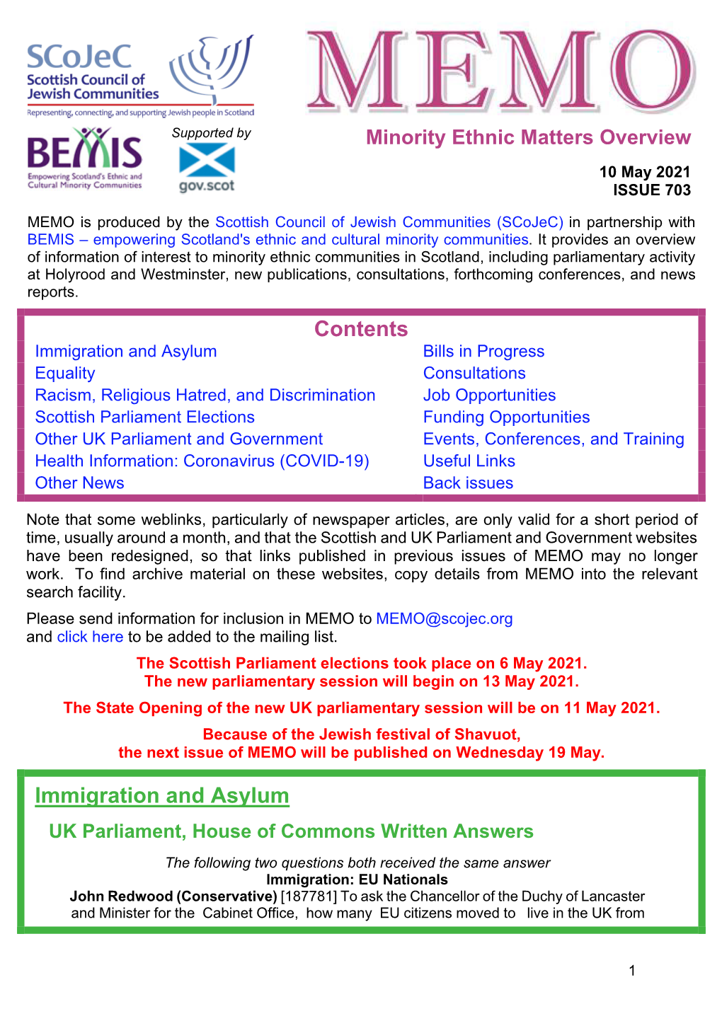 MEMO Is Produced by the Scottish Council of Jewish Communities (Scojec) in Partnership with BEMIS – Empowering Scotland's Ethnic and Cultural Minority Communities