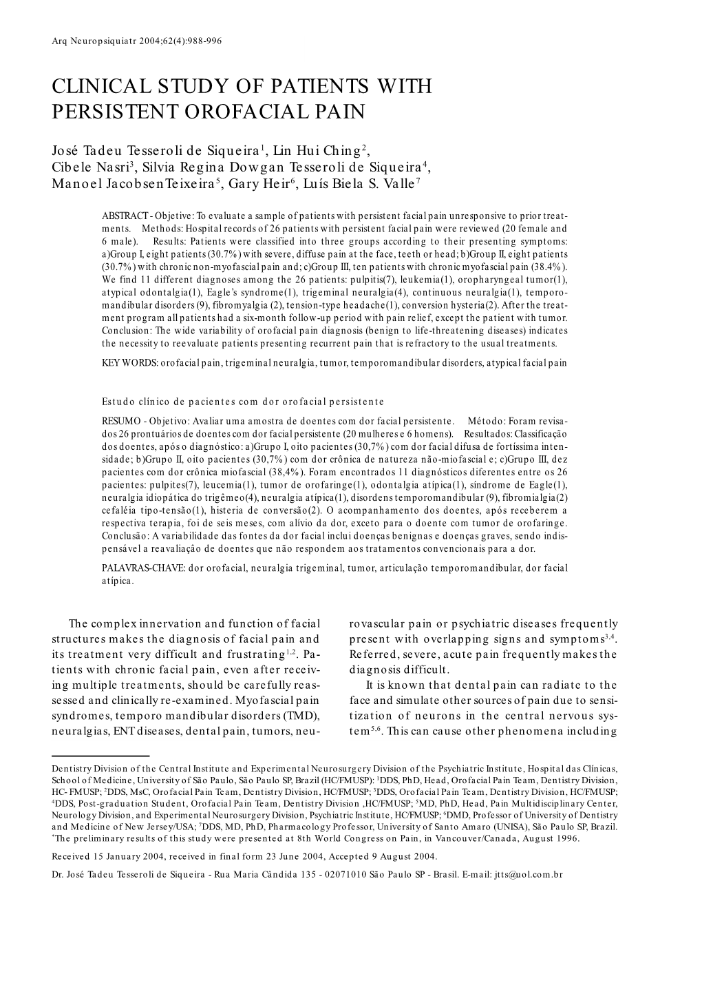 Clinical Study of Patients with Persistent Orofacial Pain