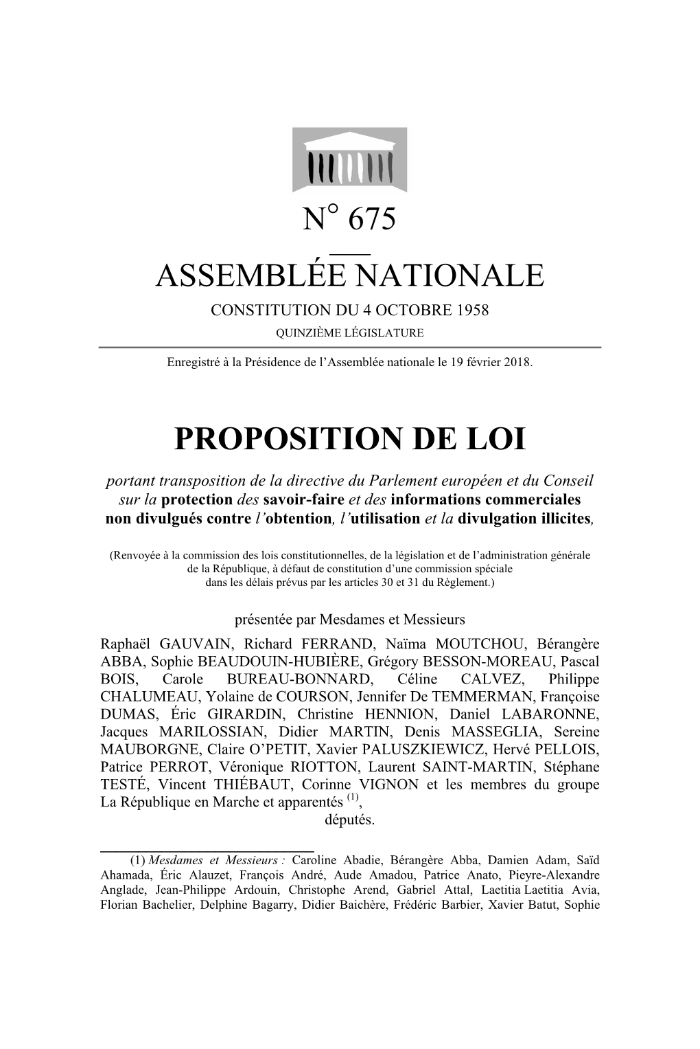 Proposition De Loi Portant Transposition De La Directive Du Parlement