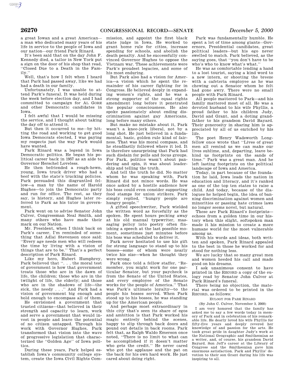 CONGRESSIONAL RECORD—SENATE December 5, 2000 a Great Iowan and a Great American— Mission, and Appoint the First Black Park Was Fundamentally Humble