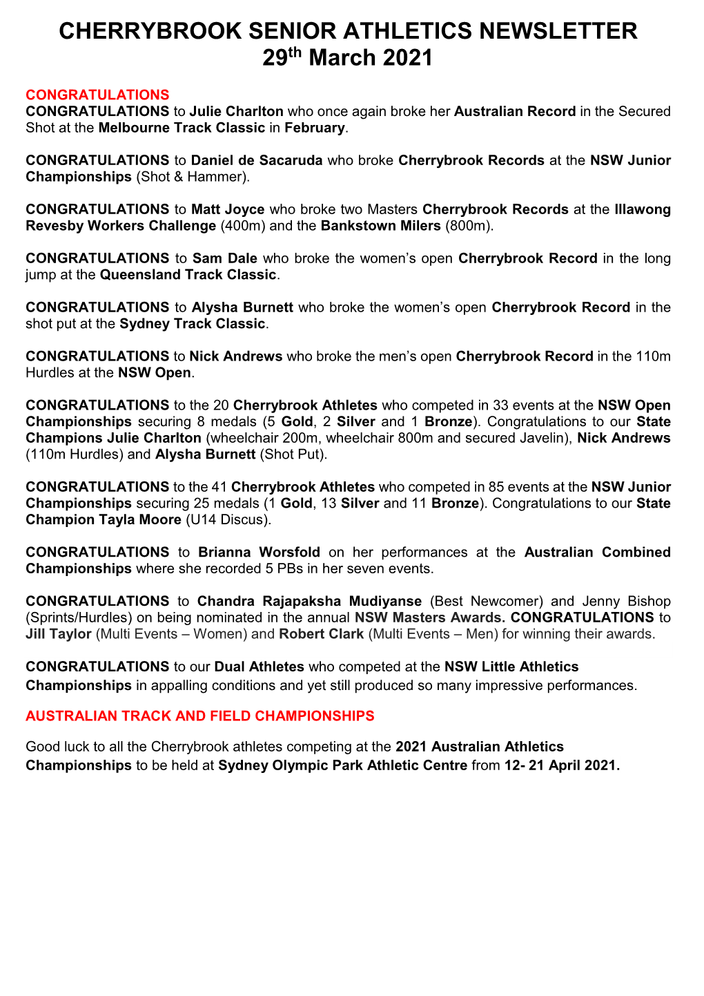 CHERRYBROOK SENIOR ATHLETICS NEWSLETTER 29Th March 2021