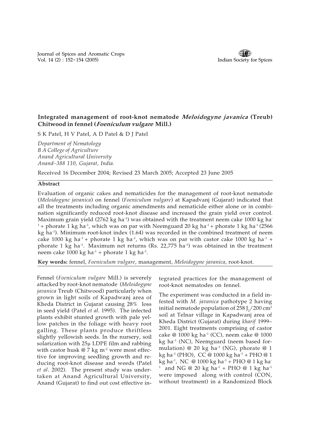 Integrated Management of Root-Knot Nematode Meloidogyne Javanica (Treub) Chitwood in Fennel (Foeniculum Vulgare Mill.)