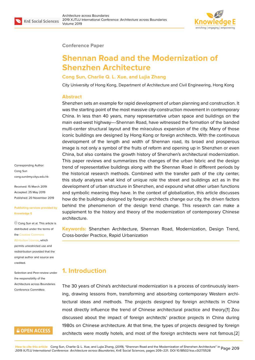 Shennan Road and the Modernization of Shenzhen Architecture Cong Sun, Charlie Q