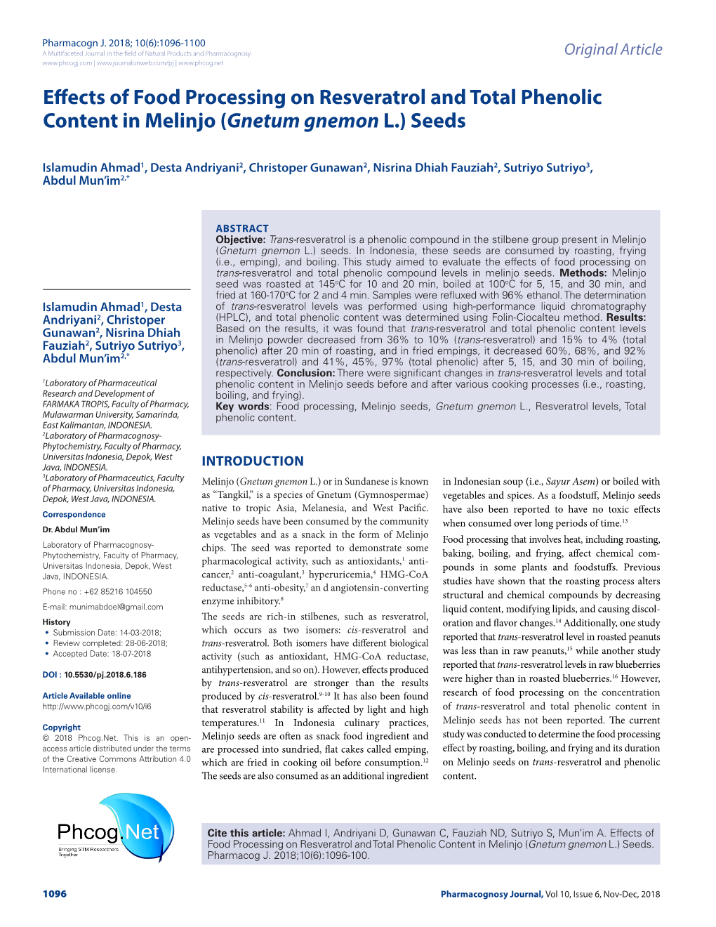 Effects of Food Processing on Resveratrol and Total Phenolic Content in Melinjo (Gnetum Gnemon L.) Seeds