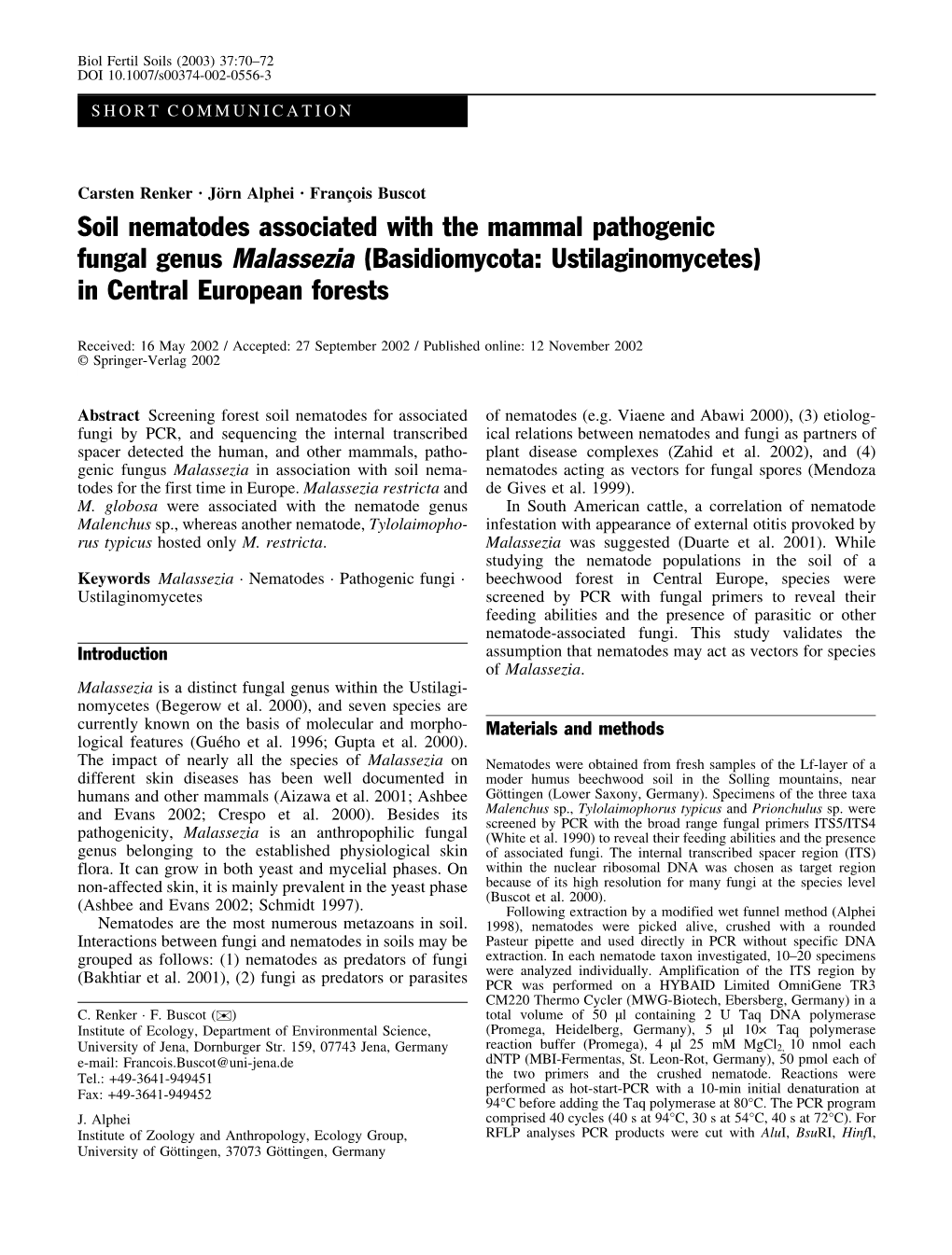 Soil Nematodes Associated with the Mammal Pathogenic Fungal Genus Malassezia (Basidiomycota: Ustilaginomycetes) in Central European Forests