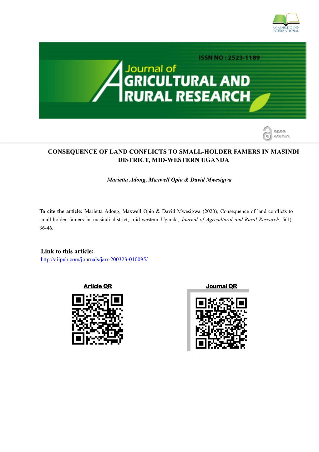 Journal of Agriculture & Rural Research, Vol, Issue, PP