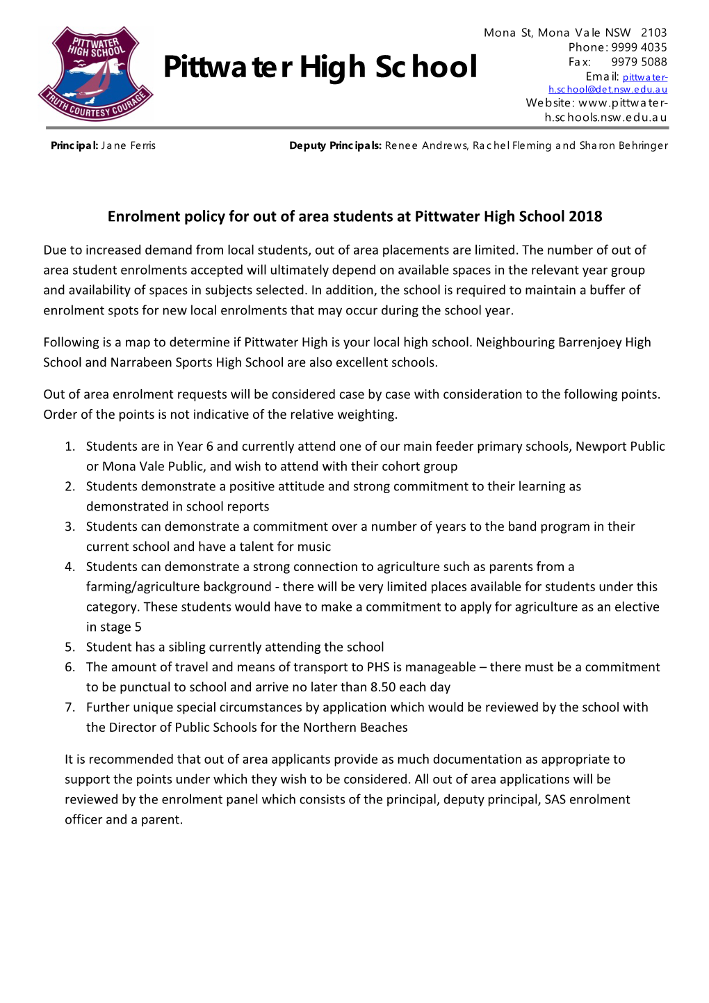 Pittwater High School Email: Pittwater- H.School@Det.Nsw.Edu.Au