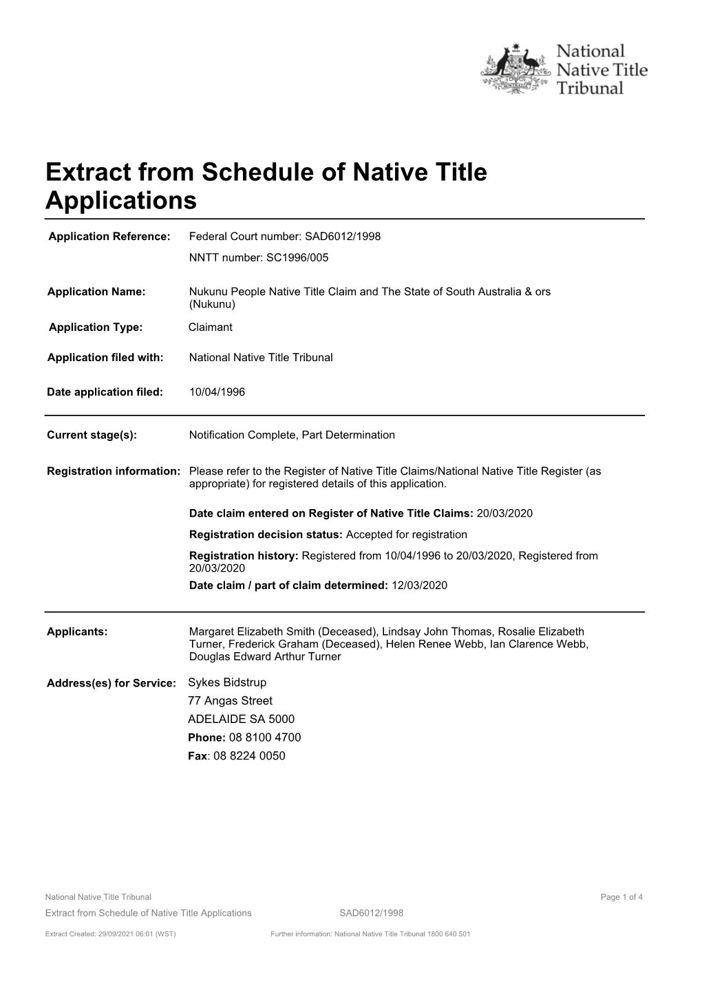 Extract from Schedule of Native Title Applications