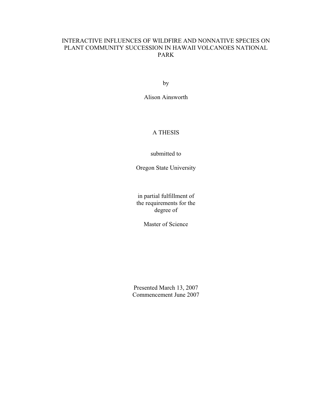 Interactive Influences of Wildfire and Nonnative Species on Plant Community Succession in Hawaii Volcanoes National Park