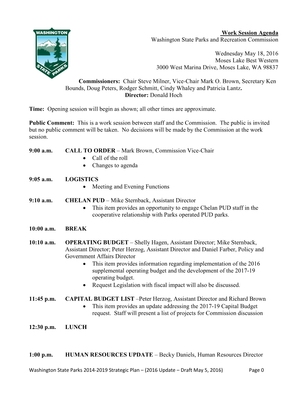 Work Session Agenda Washington State Parks and Recreation Commission